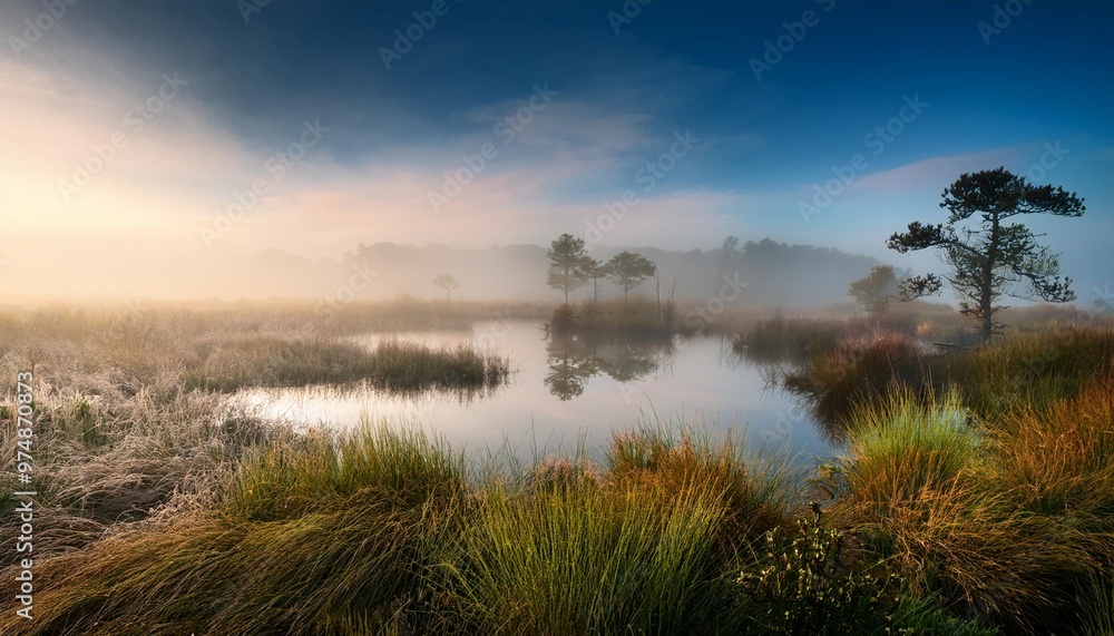 Foggy Morning Over Serene Marshlands, Reflecting the Mystique of Nature Foggy Morning Over Serene Marshlands, Reflecting the Mystique of Nature