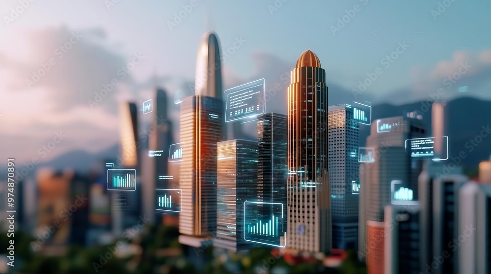 Fototapeta premium Augmented reality product showcase, city view, floating digital screens