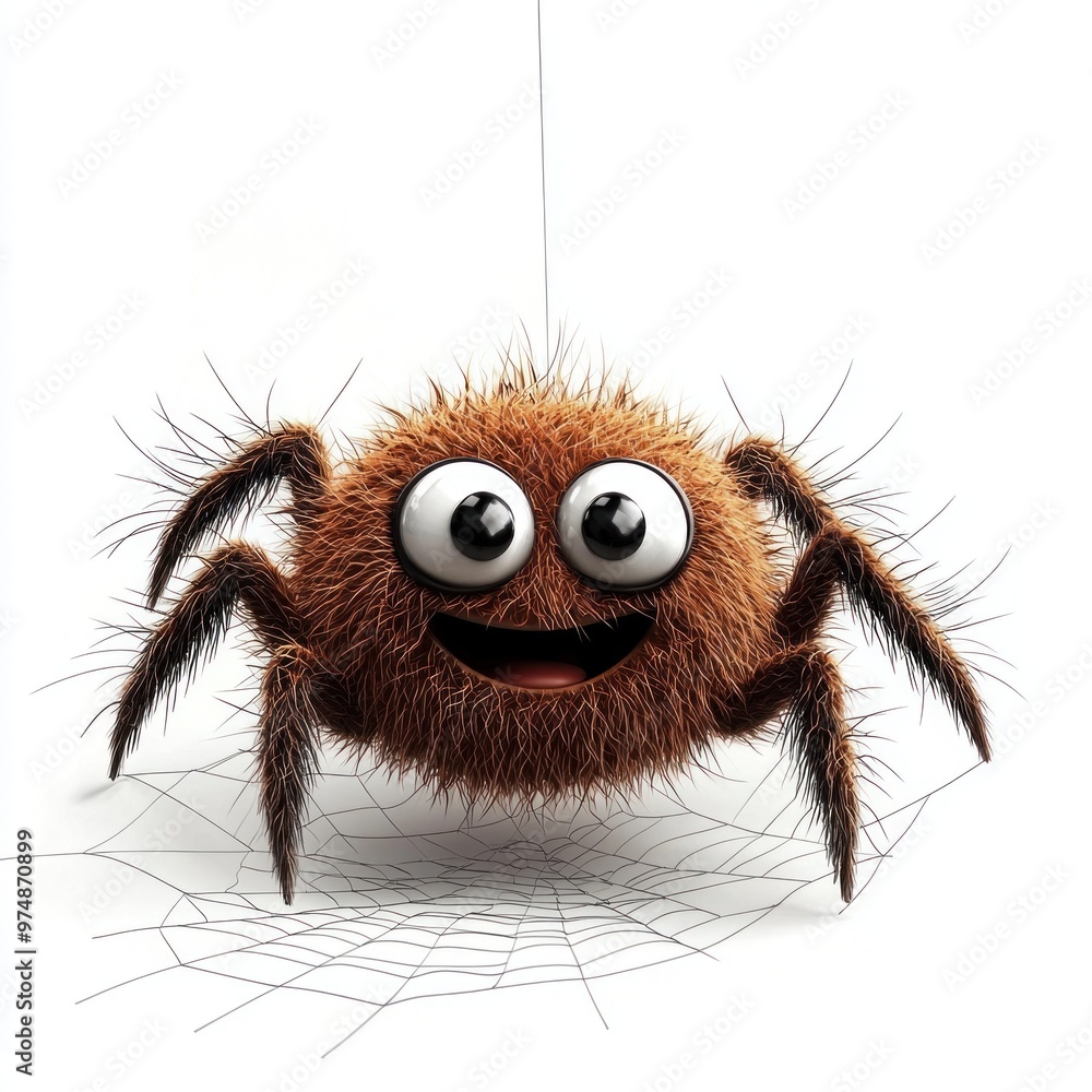 A cartoon spider with a big smile on its face is hanging from a spider web A cartoon spider with a big smile on its face is hanging from a spider web