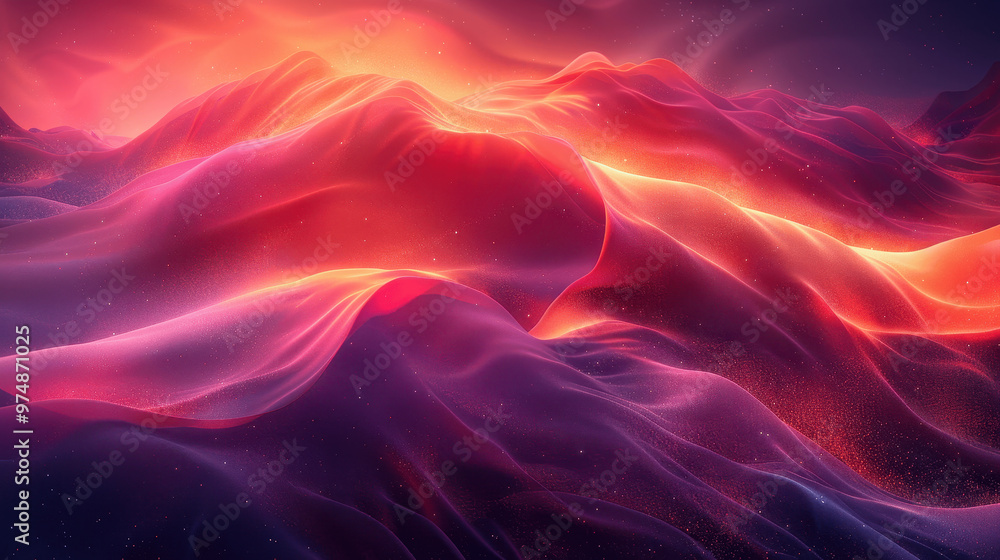 Vibrant waves of color flow across surreal mountains during twilight, creating a mesmerizing and dreamlike landscape Vibrant waves of color flow across surreal mountains during twilight, creating a mesmerizing and dreamlike landscape