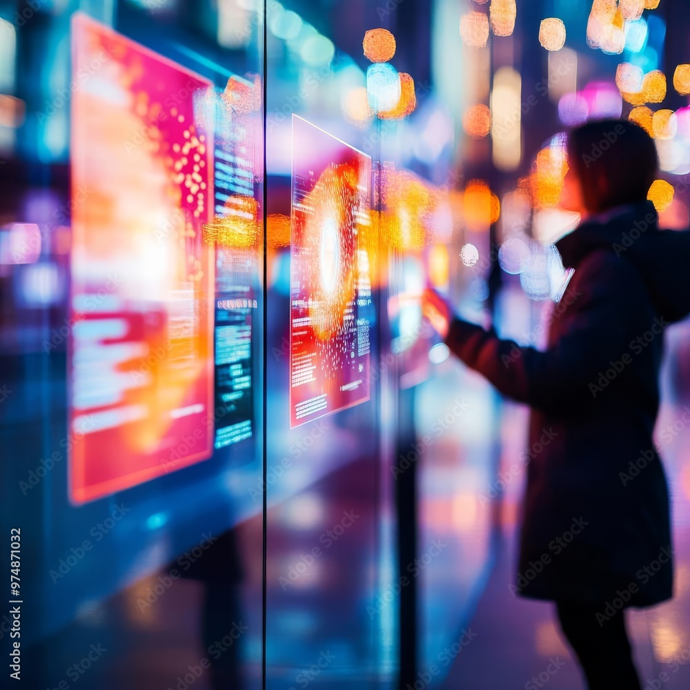 Fototapeta premium Augmented reality promotional event, 3D hologram ads, urban environment