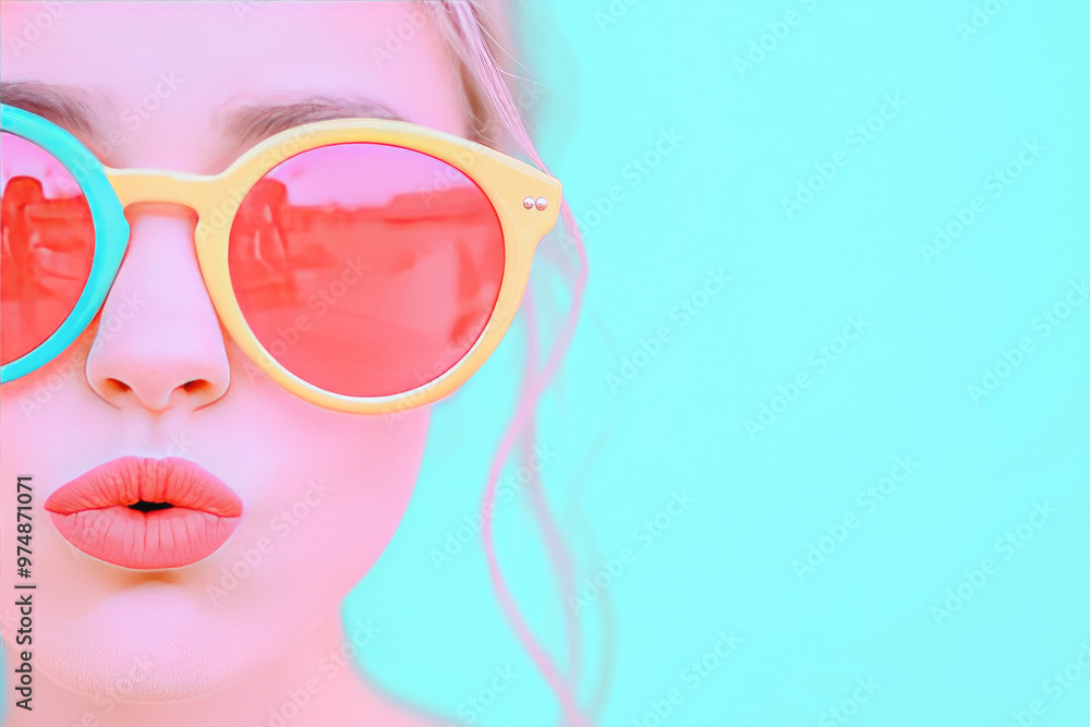 Close up of a woman's face wearing round sunglasses. Close up of a woman's face wearing round sunglasses.