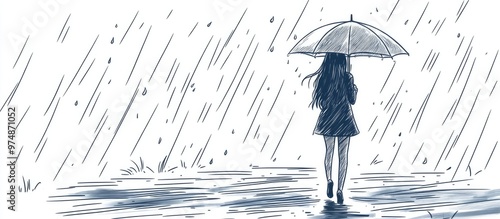 Single continuous line illustration of a young woman holding an umbrella while walking alone in the rain Minimalist line art depicting a rainy atmosphere