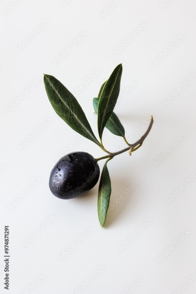 A single black olive placed on a white surface, surrounded by green leaves A single black olive placed on a white surface, surrounded by green leaves