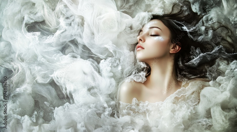 Fototapeta premium A Woman with Closed Eyes Immersed in White Smoke