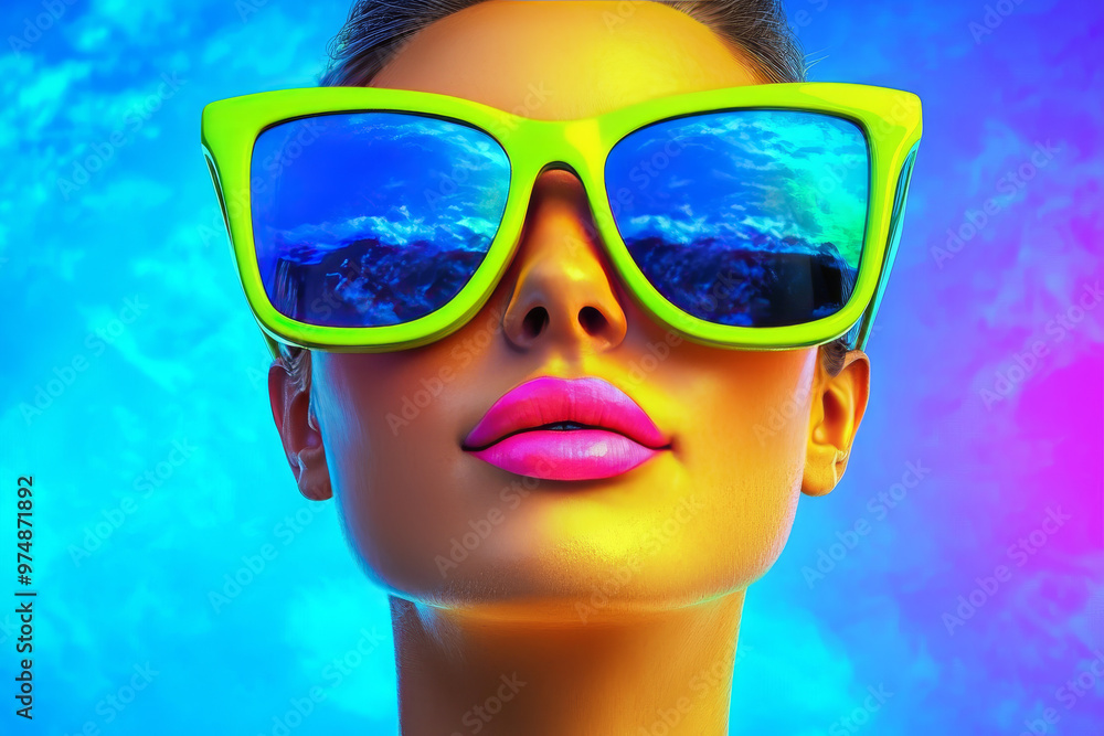 Woman in oversized neon green sunglasses Woman in oversized neon green sunglasses