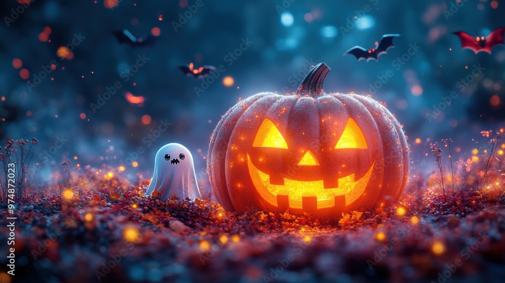 Glowing jack-o'-lantern with ghost in autumn night setting, surrounded by flying bats Glowing jack-o'-lantern with ghost in autumn night setting, surrounded by flying bats
