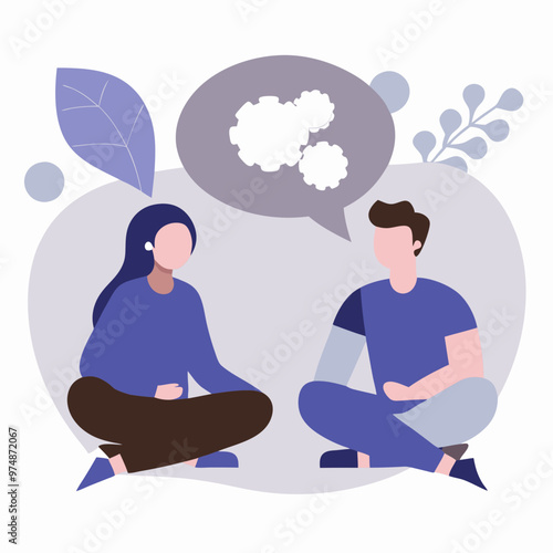 Illustration of two people having a thoughtful discussion with abstract ideas depicted in speech bubbles
