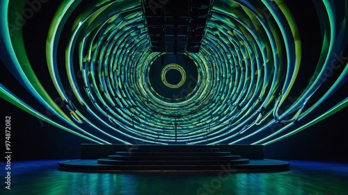 Futuristic Stage Design with Illuminated Circular Pattern and Vibrant Neon Lights