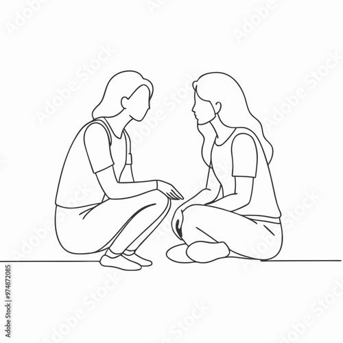 Two young women engaged in a close conversation while sitting on the floor with a minimalistic background copy space
