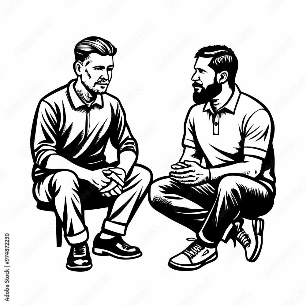 Two men having a thoughtful discussion while sitting with one on a chair and a plain background copy space
Two men having a thoughtful discussion while sitting with one on a chair and a plain background copy space