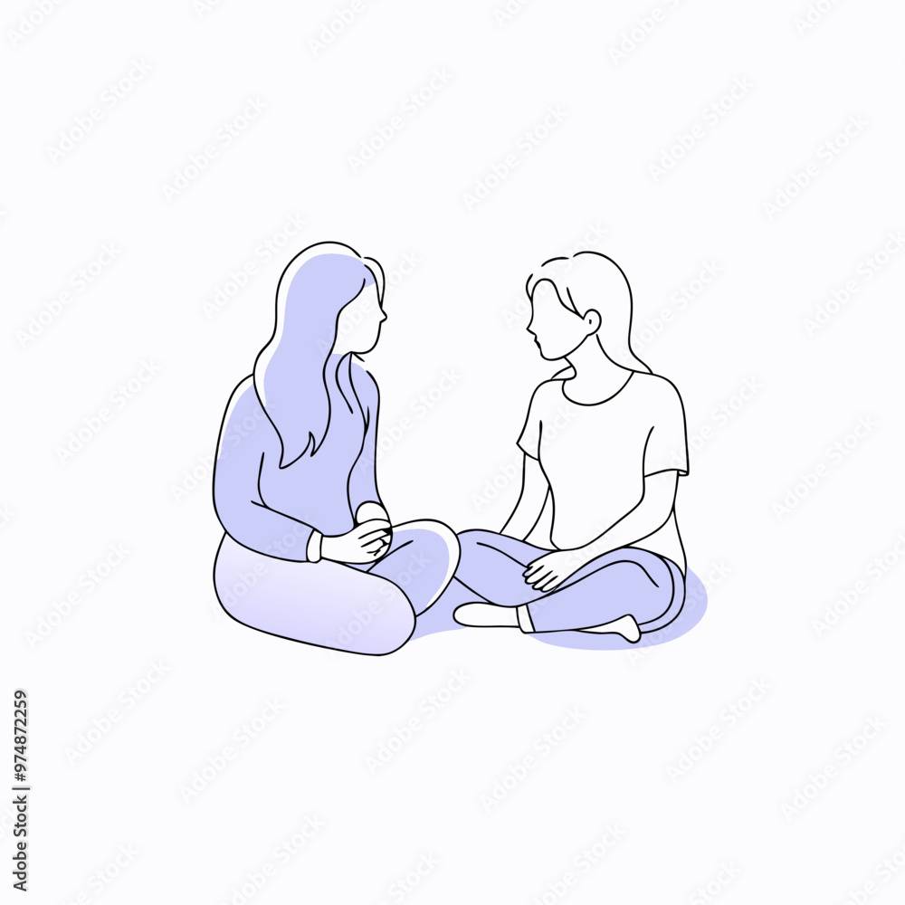 Two young women sitting and having a conversation in a soft violet illustration with a white background
Two young women sitting and having a conversation in a soft violet illustration with a white background