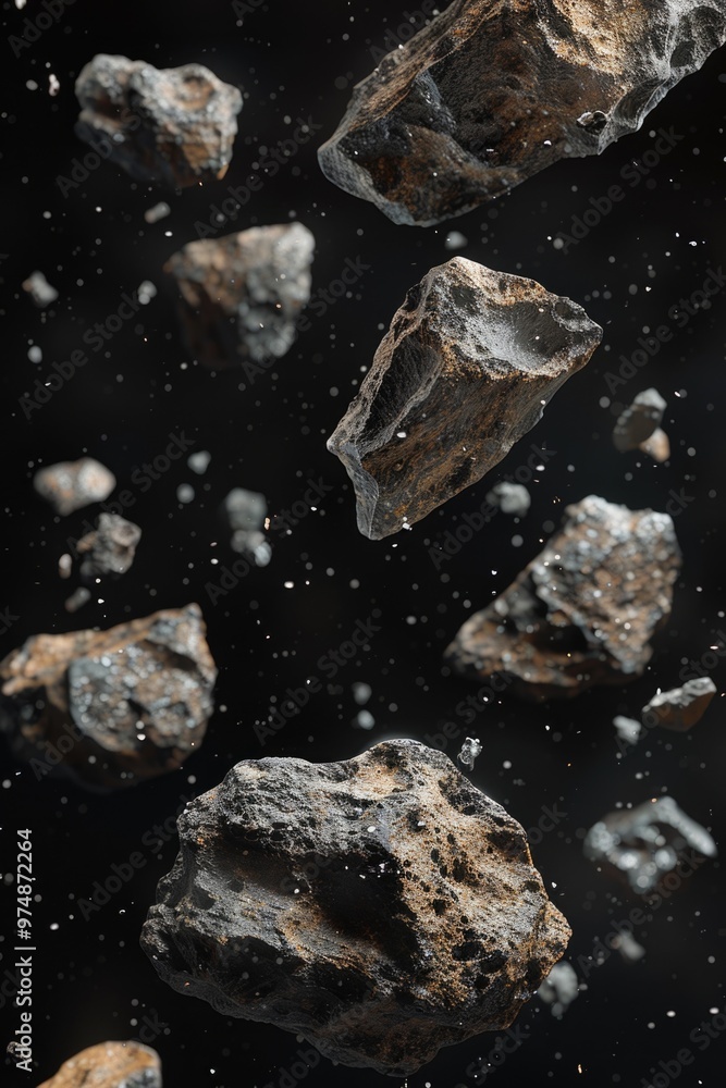 Naklejka premium A collection of rocks suspended in mid-air, great for use in illustrations and designs about nature, science, or fantasy