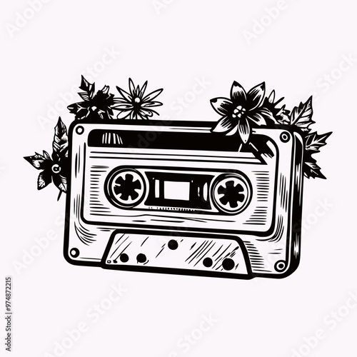 Vintage cassette tape surrounded by flowers in a detailed retro style