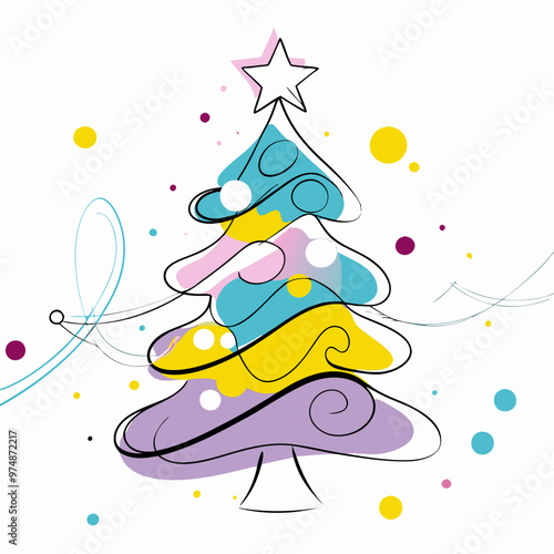 Stylized Christmas tree with colorful decorations and a whimsical design