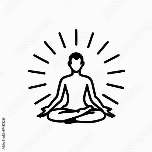 Stylized line drawing of a meditating person with radiant light beams symbolizing peace and enlightenment
