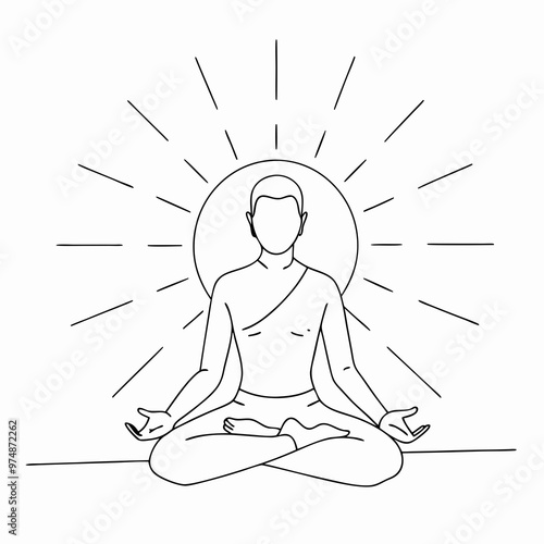 Simple line art of a meditating figure with radiant beams of light symbolizing enlightenment
