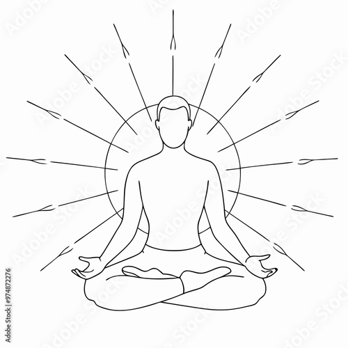 Linear drawing of a meditating figure with rays of light symbolizing energy and enlightenment