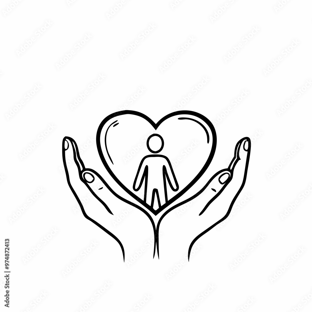 Hands holding a heart with a person symbol inside in a minimalist style Hands holding a heart with a person symbol inside in a minimalist style