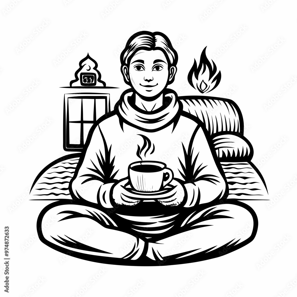 A young man sitting cross-legged with a cup in hand, in a cozy room with a fireplace and window in a black and white vintage style illustration A young man sitting cross-legged with a cup in hand, in a cozy room with a fireplace and window in a black and white vintage style illustration