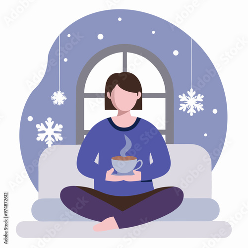 Cozy winter scene with a person sitting on a sofa drinking tea by the window