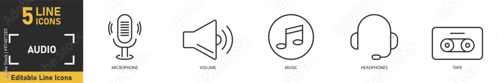 Audio line icon set. Set of 5 outline icons related to microphone, volume, music, headphones, tape and more. Vector illustration. Audio line icon set. Set of 5 outline icons related to microphone, volume, music, headphones, tape and more. Vector illustration.