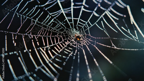 A Dew-Covered Spiderweb With a Spider at its Center