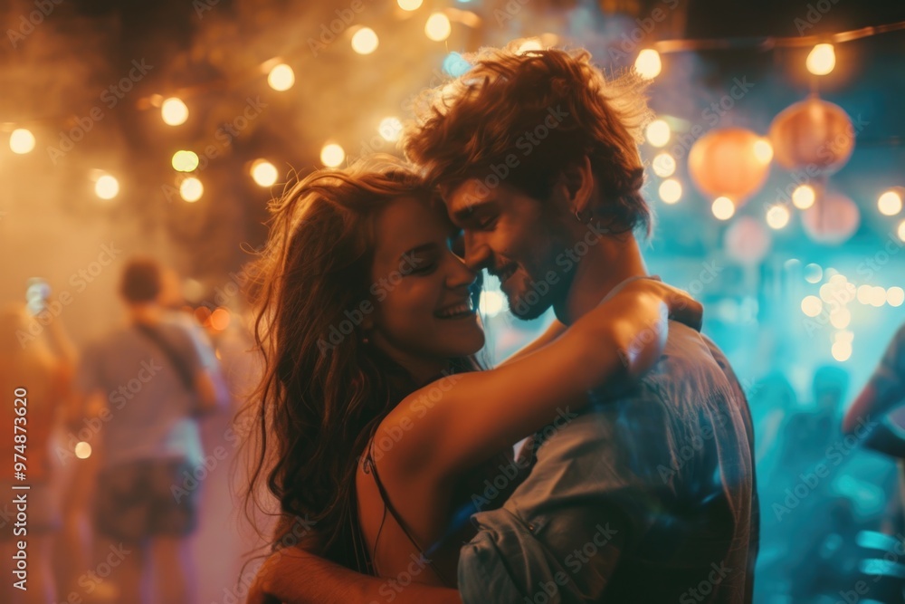 A romantic moment between a couple as they hug amidst a crowd of people, with a warm and cozy atmosphere A romantic moment between a couple as they hug amidst a crowd of people, with a warm and cozy atmosphere