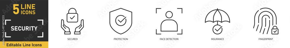 Security line icon set. Set of 5 outline icons related to secured, protection, face detection, insurance, fingerprint and more. Vector illustration.