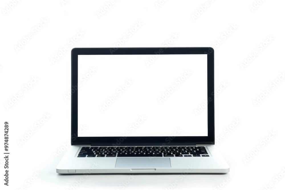 A laptop computer with a white screen on a clean white surface, ideal for product photography or technology illustrations A laptop computer with a white screen on a clean white surface, ideal for product photography or technology illustrations