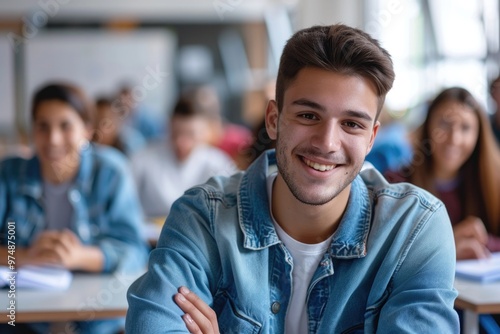 A student sitting in a classroom, arms crossed, ready to learn