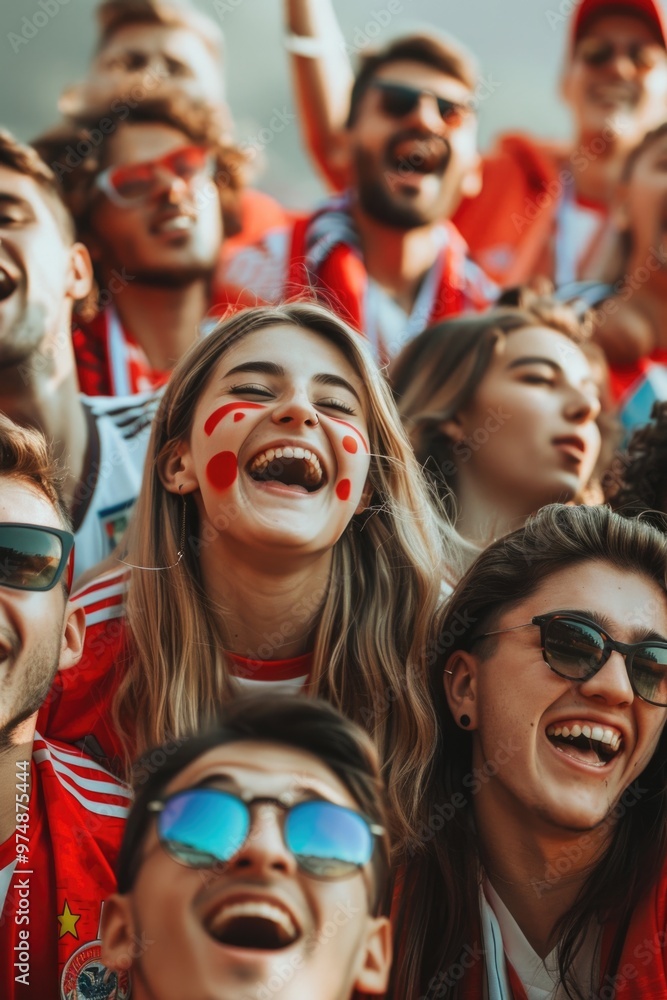 A group of people with red and white face paint, suggesting a festive or celebratory atmosphere A group of people with red and white face paint, suggesting a festive or celebratory atmosphere