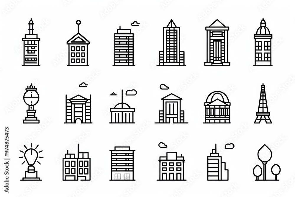 Set of building icons representing different architectural styles, useful for presentations and designs Set of building icons representing different architectural styles, useful for presentations and designs