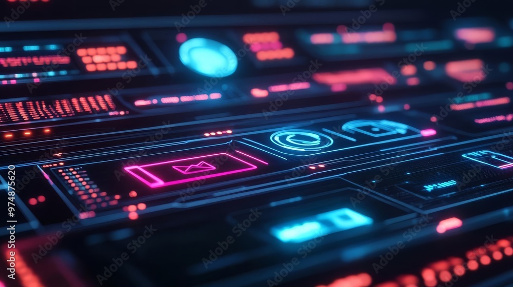 Holographic social media strategy, neon interface, futuristic tech hub Holographic social media strategy, neon interface, futuristic tech hub