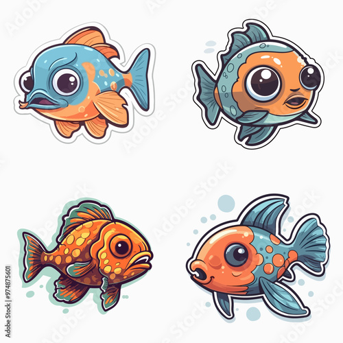 Four cartoon fish with different colors and expressions