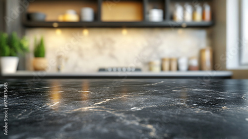 black marble countertop with modern blurred background, epitomizing luxury and sophistication. Ideal for high-end interior designs and contemporary spaces