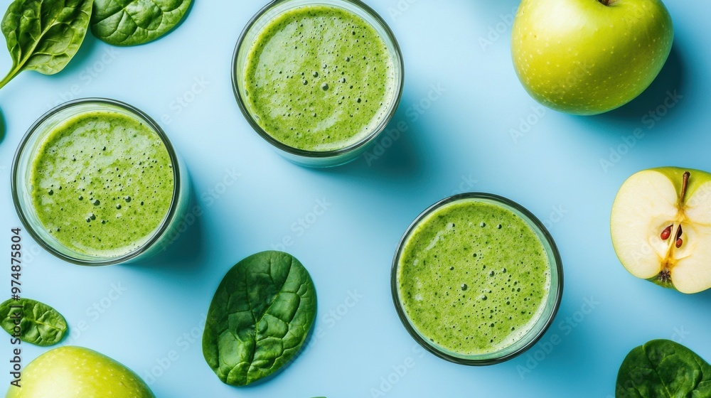 Fresh green smoothies with spinach and apples on a light blue background