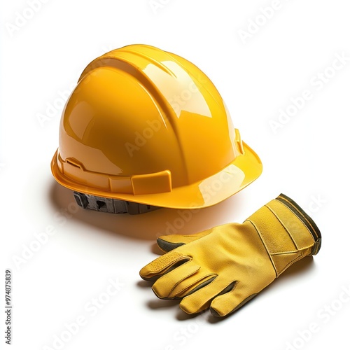 Industrial safety helmet and gloves isolated on white background