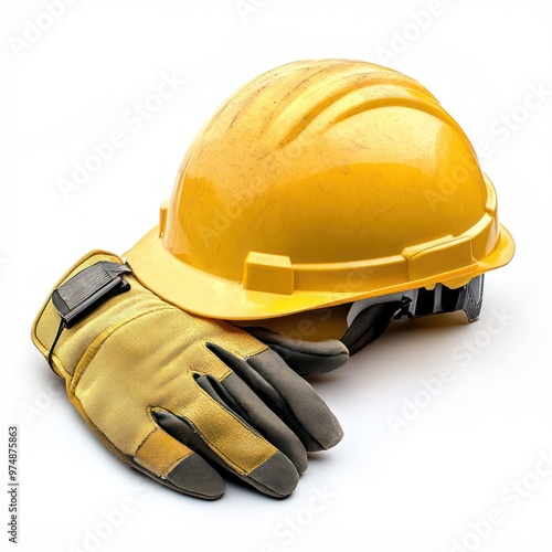 Industrial safety helmet and gloves isolated on white background photo