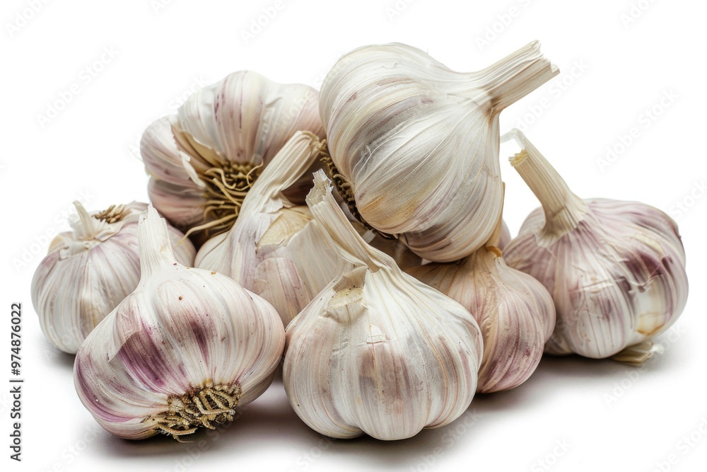 A pile of fresh garlic cloves on a clean white surface, ideal for cooking or food photography A pile of fresh garlic cloves on a clean white surface, ideal for cooking or food photography