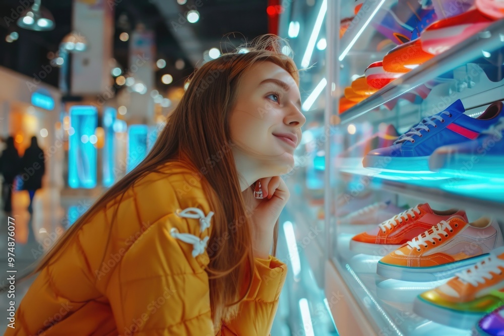 A woman looks at a variety of colorful shoes on display, possibly considering purchasing some A woman looks at a variety of colorful shoes on display, possibly considering purchasing some