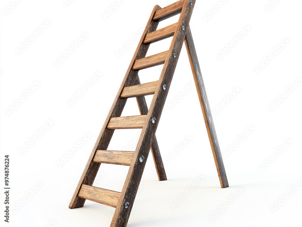 Industrial-grade ladder isolated on white background, angled view Industrial-grade ladder isolated on white background, angled view