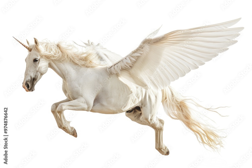 A majestic white horse with magnificent wings soaring through the air, evoking freedom and magic A majestic white horse with magnificent wings soaring through the air, evoking freedom and magic
