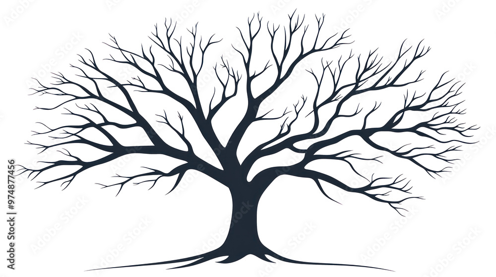 Obraz premium black tree silhouette with branches without leaves in simple lines and shapes illustration