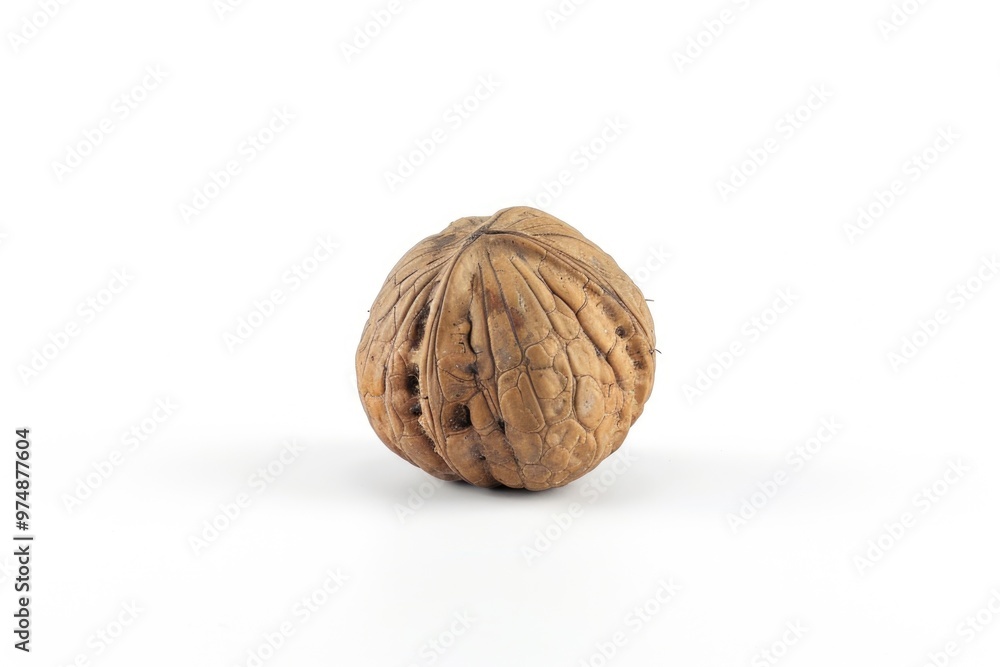 Single walnut shell on a clean white surface, ideal for illustrating nature or design concepts Single walnut shell on a clean white surface, ideal for illustrating nature or design concepts