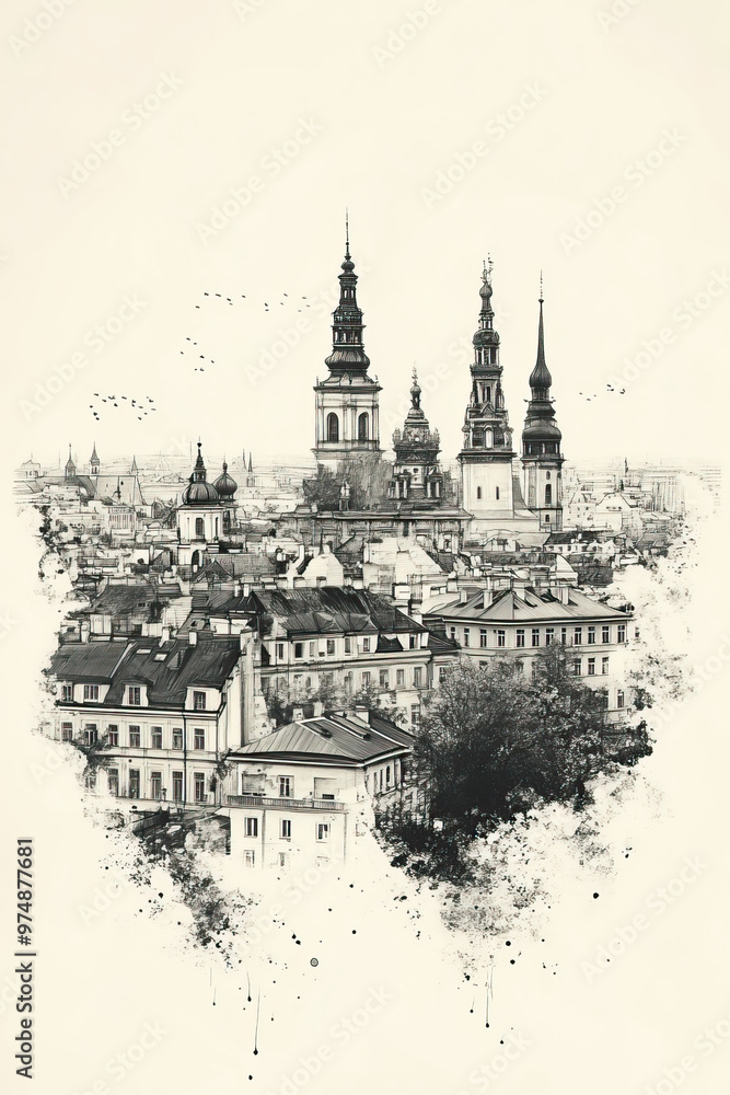 Fototapeta premium Tallinn, Estonia, black and white pen pencil hand-drawn effect portrait drawing illustration for travel poster, card, wallpaper, backdrop or banner. Modern, clear, artistic and simple