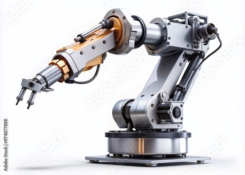 High-quality, detailed 3D model of a futuristic robotic arm on a white background, showcasing precision engineering and