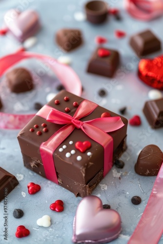 A box of chocolates with a pink ribbon on a table, perfect for a romantic gesture or gift