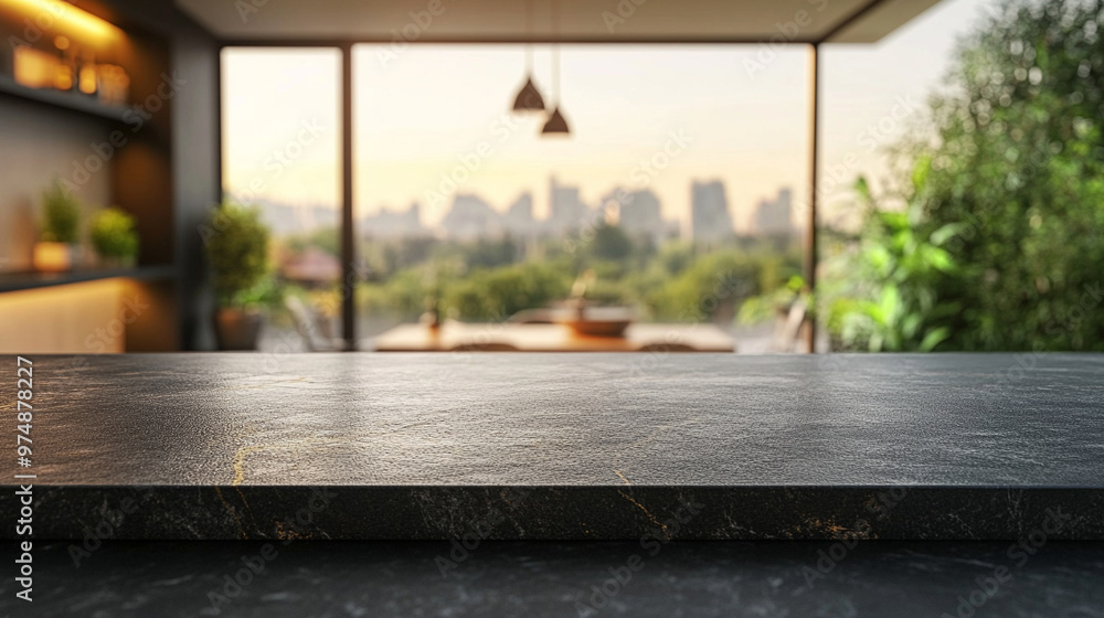 black marble countertop with modern blurred background, epitomizing luxury and sophistication. Ideal for high-end interior designs and contemporary spaces black marble countertop with modern blurred background, epitomizing luxury and sophistication. Ideal for high-end interior designs and contemporary spaces
