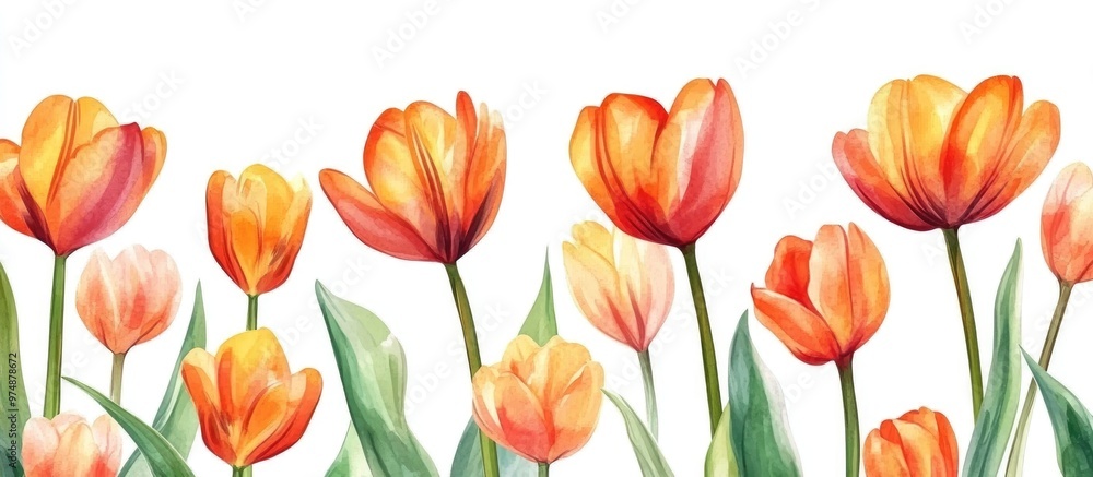 Vibrant tulip flowers painted against a white background Ideal for a floral themed banner or greeting card for special occasions Top view composition Vibrant tulip flowers painted against a white background Ideal for a floral themed banner or greeting card for special occasions Top view composition